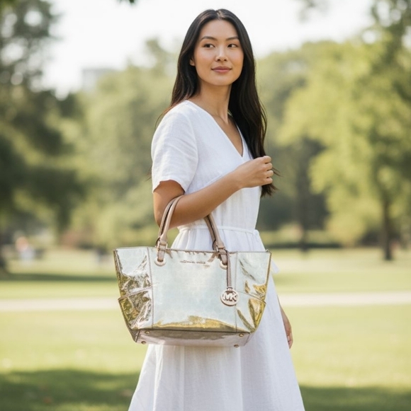 Michael Kors Jet Set Gold Metallic Mirror Tote Bag MK Logo Shoulder Purse Large - Picture 1 of 16